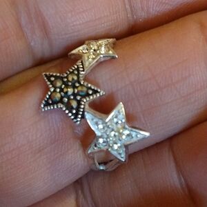 Triple Star Silver Ring with Black and White Accents
